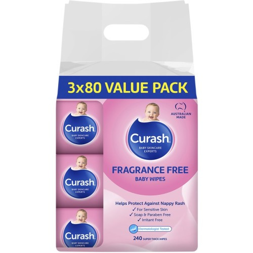 Curash Fragrance Free Baby Wipes 3 x 80 Value Pack