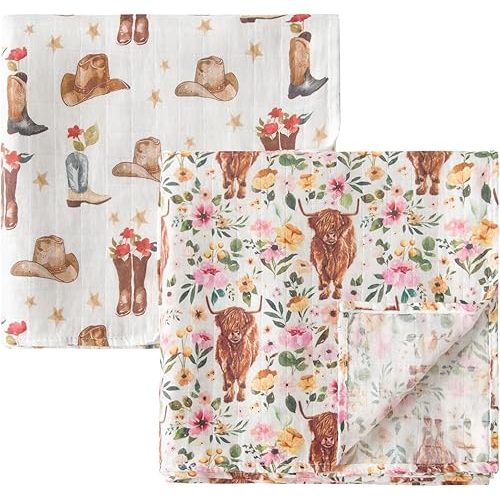 ittle Jump Muslin Swaddle Blankets for Boys Girls, 2 Pack Receiving Baby Blanket Large 47 x 47 inches, Soft Breathable Swaddling Wrap for Unisex Newborn (2 Pack Cow Girls)