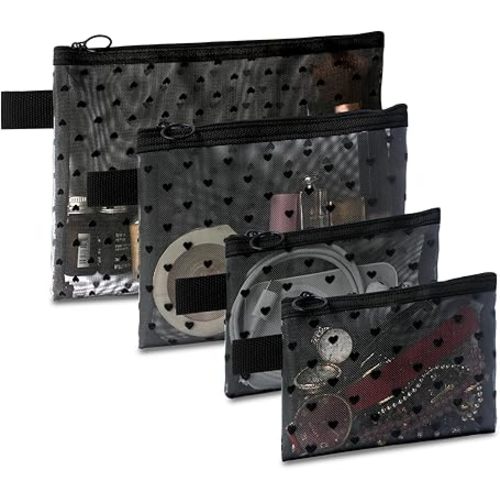 4-Piece Heart Printed Mesh Makeup Bag Set, Portable Travel Mesh Cosmetic Bags Toiletry Bags Makeup Purse Bags Mesh Zipper Storage Pouches for Home Offices Travel Accessories (Black)