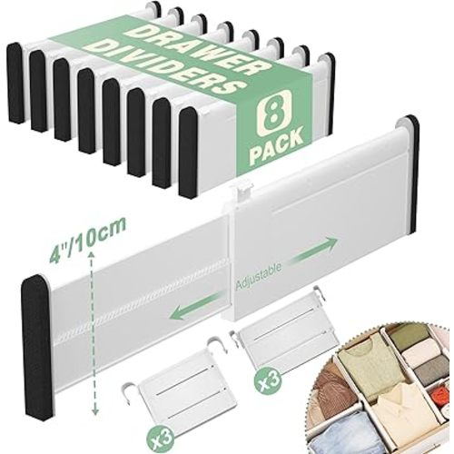 Adjustable Drawer Dividers With Inserts, 4'' High Expandable Drawer Organizers for Clothes, 5 Pack 12.6-22.8'' Long Dividers with 3.9-7.1'' Inserts, Drawer Separators for Socks/Tools
