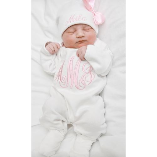 Personalized Baby Girl Coming Home Outfit with Pink Embroidered Monogram