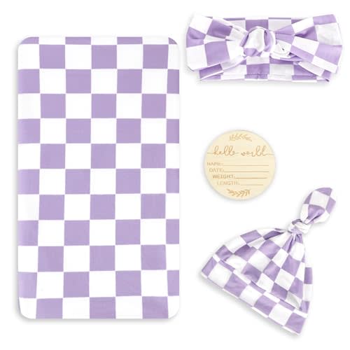 TANOFAR Newborn Swaddle Blanket for Baby Girls & Boys, Ultra Soft Receiving Blankets with Matching Headband and Beanie Set Baby Nursery Swaddle Wrap (Purple Checkerboard)