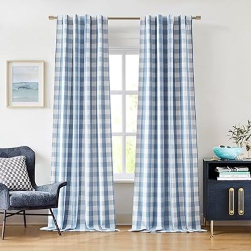 95 Inch Blackout Curtains for Farmhouse Bedroom Living Room,Buffalo Plaid Dusty Blue White Drapes,Thermal Insulated Noise Reducing Window Treatment,Back Tabs Rod Pocket,40" Wx95 Lx2
