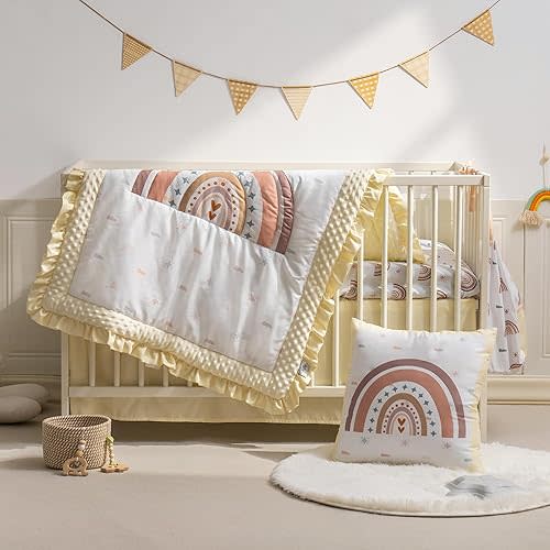 ROBOTIME 5 Piece Crib Bedding Set, Rainbow Nursery Bedding Set, Nursery Standard Size Bedding Set Including Crib Skirt, Quilt, Crib Sheet and Diaper Stacker for Girls and Boys