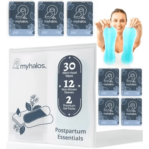 MyHalos 44 pcs- Witch Hazel Wipes & Perineal Ice Packs for Postpartum, Hemorrhoids & C Section Ice Packs for Postpartum -30 Alcohol Free Witch Hazel for Postpartum Care & Hemorrhoids Cold Postpartum