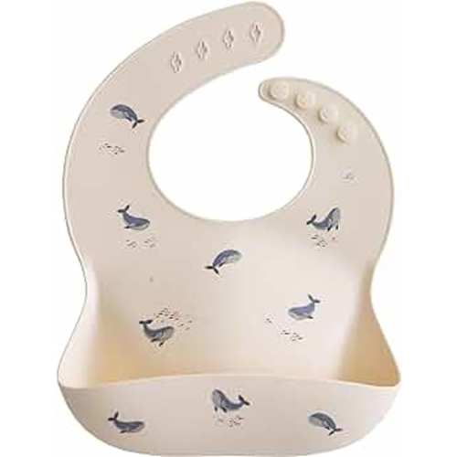 mushie Silicone Baby Bib | Adjustable Fit Waterproof Bibs (Whales)