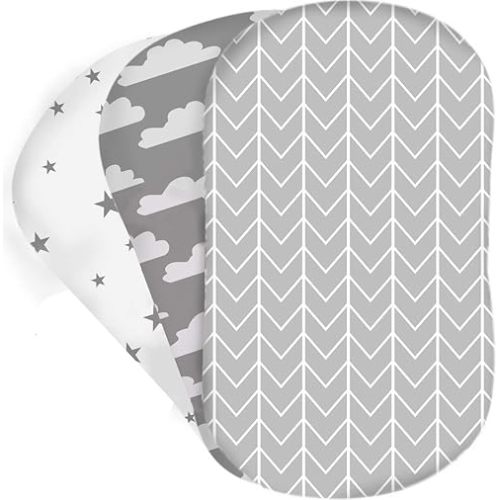 Bear's Little Fish 3-Pack of Moses Basket Sheets |100% Hypoallergenic Jersey Cotton |Gender Neutral Grey and White for Baby boy or Girl |Fitted Crib Sheets for Oval, Hourglass and Rectangular Mattress