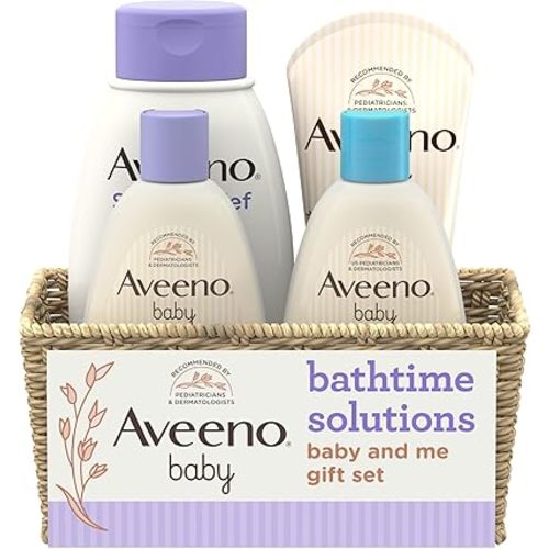 Aveeno Baby Bathtime Solutions Baby & Me Gift Set with Baby Wash & Shampoo, Calming Baby Bath, Baby Daily Moisturizing Lotion & Stress Relief Body Wash for Mom, Oatmeal, 4 Items