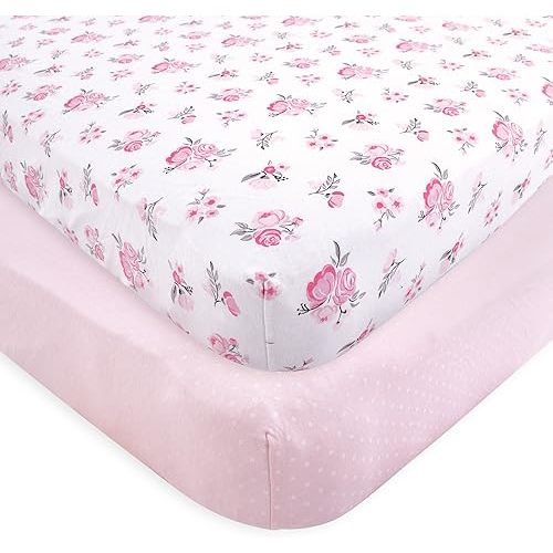 Hudson Baby Unisex Baby Cotton Fitted Crib Sheet, Pink Floral, One Size