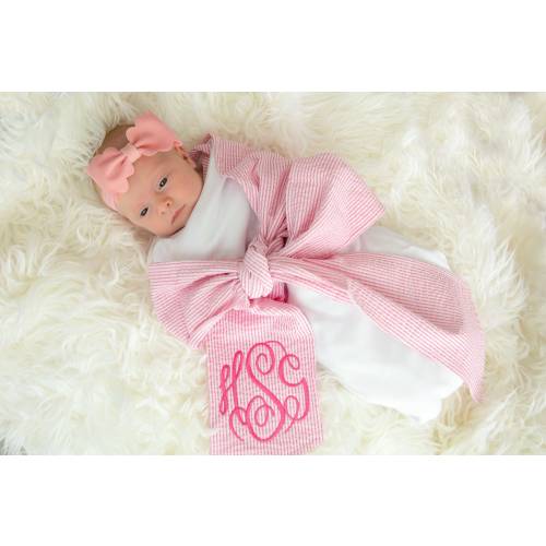 Monogrammed Newborn Infant Baby Seersucker Bow Sash Blanket, Maternity Photography Prop, Monogrammed Newborn Wrap, Baby Photo Prop, Big Bow