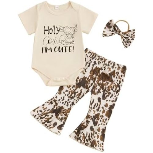 Baby Girl Summer Clothes Western Newborn Girl Short Sleeves Animal Cow Romper Pants Headband Set Outfits