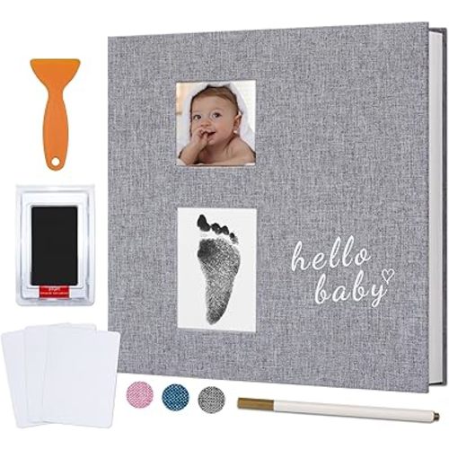 Vienrose Baby Photo Album Self Adhesive Memory Book 4x6 Magnetic Scrapbook Kit with Clean-Touch Ink Pad Handprint Footprint and A Metallic Pen for Boy/Girl 2 Windows 40 Pages Grey