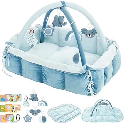 5-in-1 Baby Play Gym and Tummy Time Mat, 12 Learning Cards, Plush Activity Mat with 6 Toys, Baby Gym, Convertible to Ball Pit, Baby Gift, Blue