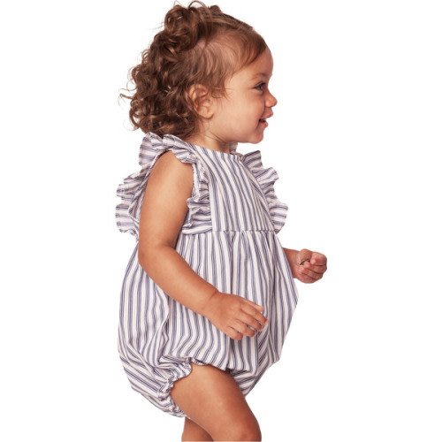 Ruffled Romper, Navy French Ticking - Petite Plume | Maisonette