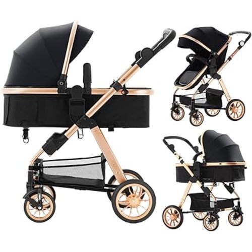 Blahoo Baby Stroller for Toddler,Bassinet Stroller,Foldable Aluminum Alloy Pushchair with Adjustable Backrest,Adjustable Direction Gold Black.