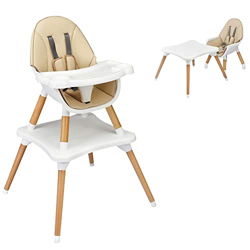 HONEY JOY Baby High Chair, 5-in-1 Convertible Wooden Highchair for Babies and Toddlers/Table and Chair Set/Toddler Chair with Safety Harness, 4-Position Removable Feeding Tray(Khaki)