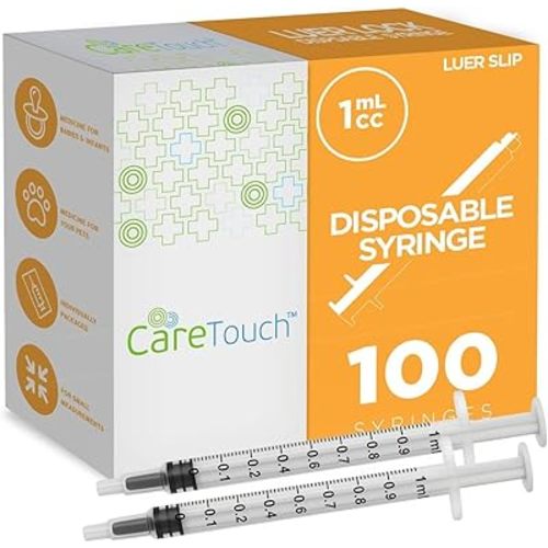 Care Touch 1ml Syringe Only - 100 Sterile Syringes (No Needle) (1ml Luer Slip Tip, 100),100 Count (Pack of 1)