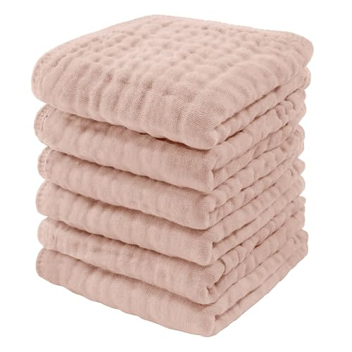 Baby Washcloths, Muslin Cotton Baby Towels, 6 Pack -Large 10”x10” Wash Cloths Soft on Sensitive Skin, Absorbent for Boys & Girls, Newborn Baby & Toddlers Bibs & Burp Cloths Essentials Set, Blush