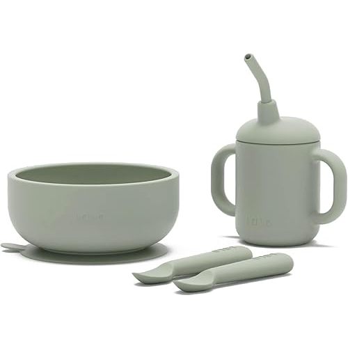 Lalo First Bites Silicone Baby Feeding Set - Baby Led Weaning Supplies - Non-Toxic Silicone - Includes 2 Spoons, Training Cup, & Suction Bowl - 4 Pieces - Sage