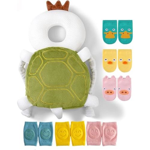 JunNeng Toddler Baby Head Protector Pad Safety Cushion with Knee Pads&Anti-Slip Sock,Turtle