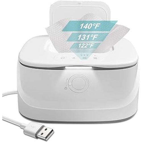 2024 Upgraded Baby Wipe Warmer with Spring Holder, 140°F 131°F 122°F Babies Wet Wipes Dispenser Warmer with Night Light, USB Charging Large Capacity Diaper Warmer, Baby Newborn Essentials Must Haves
