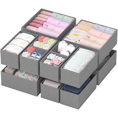 Drawer Organizer for Baby Clothes/Diapers/Socks/Bra/Towels/Ties, Foldable Dividers Storage Bins with Zipper, 12 Pack, Grey