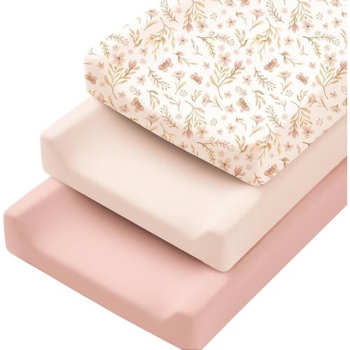 Konssy 3 Pack Stretchy Changing Pad Covers for Girl, Boy, Silky Soft Changing Table Cover, Breathable Baby Nursery Diaper Chang Pad Sheets (Pink Spring)