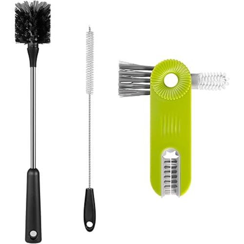 [3 Pack] Bottle Brush, Stainless Steel Long Handle Baby Bottle Scrub Cleaning Brush with Straw & Lid Brushes for Sports Water Bottles, Cups, Coffee Mugs, Glasswares, Tumblers, Wine Decanters