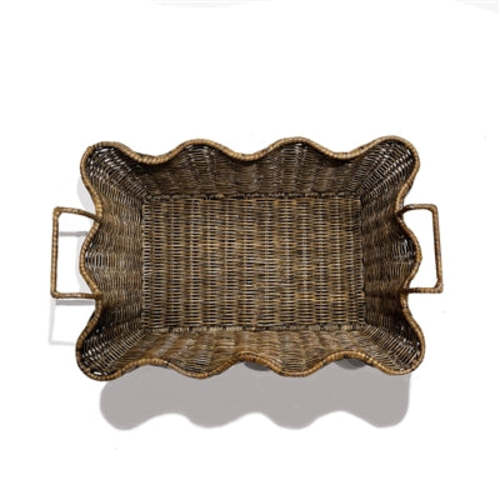 Rattan Scalloped Rectangular Tray with Handles- Antique Brown