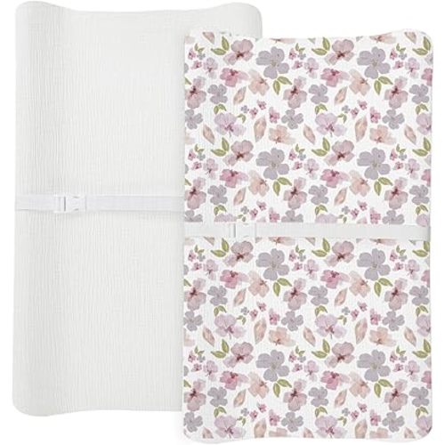 Changing Pad Cover for Baby Boy Girl 2 Pack, Muslin Changing Table Pad Covers with Boho Style, Neutral Nursery Bedding Essentials Soft and Breathable (Purple Petals & White)