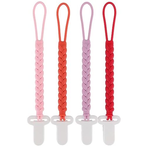 4-Pack Silicone Pacifier Clips with a Woven Rope Shape for Baby Boys and Girls - Flexible and Rust-Free Holders for Teething Relief and Baby Essentials, Safe for Newborns (Grey)