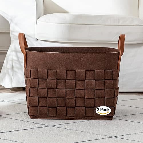 Laundry Basket 15" x13 " x11 " 2 Pack, Large Rectangular Felt Fabric Blanket Basket with Leather Handle, Dirt Clothes Laundry Hamper for Babies, Dogs and Living Room-Brown