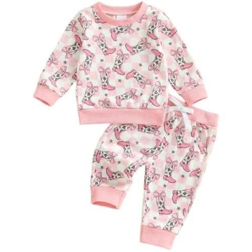 Toddler Baby Girl Western Clothes Fall Bow Boots Sweatshirt Top and Plaid Pants Set 2Pcs Cowgirl Outfits