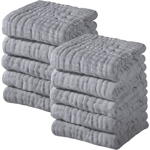 Yoofoss Muslin Baby Washcloths 100% Cotton Face Towels 10 Pack Wash Cloths for Baby 12x12in Soft and Absorbent Baby Wipes (Grey)