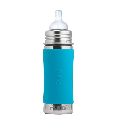 Pura Kiki 9oz/275ml Stainless Steel Infant Bottle w/Sleeve, Anti-Colic, 100% Plastic-Free, MadeSafe Certified, Medical-Grade Silicone, Medium-Flow Nipple, for Babies 3 Months & Up - Aqua