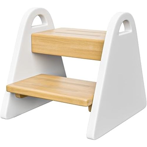Toddler Step Stool, Wooden Step Stools for Kids, Kids Potty Training Stool with Handles, Rounded Corners Child Stepping Stool for Bathroom Sink, Kitchen, Bedroom (White)