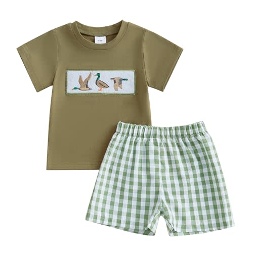 Aiwpstoin Toddler Baby Boy Summer Outfits Embroidered Short Sleeve T Shirt Top Plaid Gingham Boxer Shorts Set