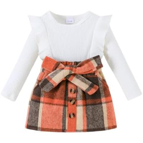 Noubeau Toddler Baby Girls Plaid Outfits Knit Ribbed Sweatshirt Shirt Tops Red Plaid Belt Skirt Fall Winter Clothes