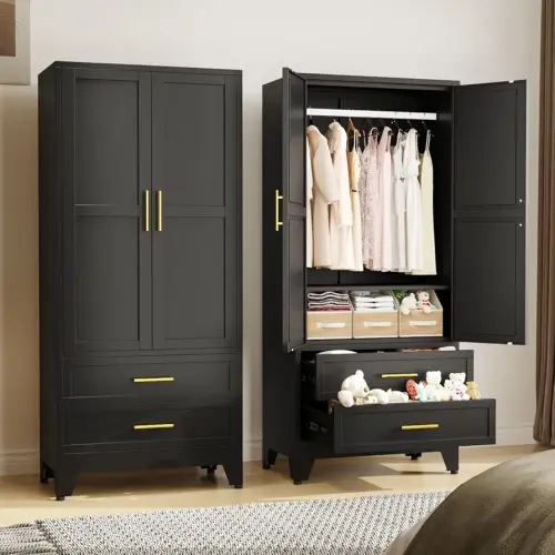 Metal Armoire Wardrobe Closet, 71 "Metal Clothing Storage Cabinet with Adjustable Shelves and Hanging Rod, Household Steel Wardrobe Storage Cabinet with Drawers (Armoire-Black)