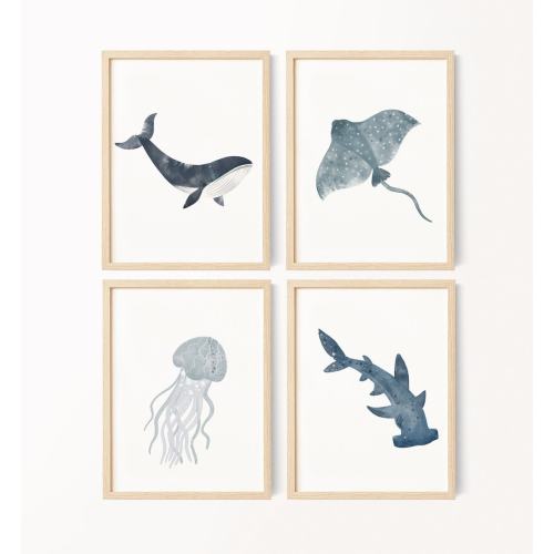 Ocean Print Wall Art, Nautical Kids Room, Watercolor Digital Print, Whale Shark Jellyfish Stingray Wall Decor, Sea Animals Nursery Wall Art