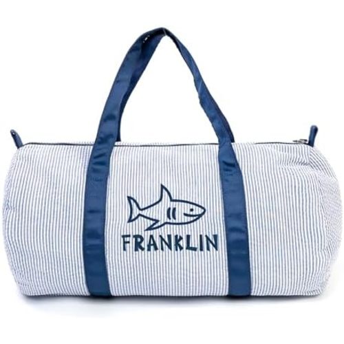 MT WORLD Boys Seersucker Overnight Bag Personalized Toddler Duffle Bag with Name Lightweight Travel Duffle Bag for Little Boys Monogrammed Daycare Bag for Sleepover Travel New Baby Boys Gifts (Blue)
