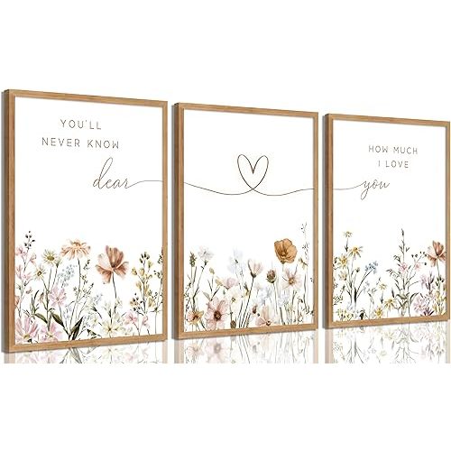 libitea 3 Pcs Boho Nursery Wall Art (Wood Color Framed, 16L x 12W)