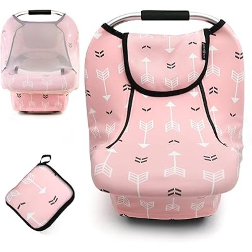 ACRABROS Car Seat Covers for Babies,All Season Infant Carseat Cover Canopy for Boys and Girls,Stretchy Adjustable Peeping Window with Mesh Cover,Warm Breathable Universal,Pink Arrow