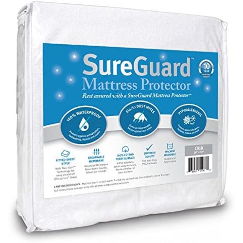 SureGuard Crib Size Mattress Protector - 100% Waterproof, Hypoallergenic - Premium Fitted Cotton Terry Cover