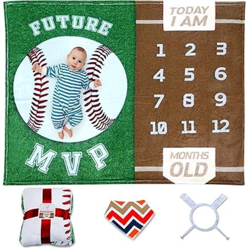 Sukoon Monthly Milestone Blanket for Baby Boy/Girl | Baseball Theme | Includes Frame and Bib | Large | 47"x40" | Personalized Baby Month Blanket for Newborn Baby Shower