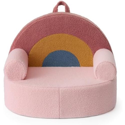 Blissful Diary Toddler Chair Comfy, Foam Kids Chair with Soft Teddy Plush, Toddler Reading Armchair with Cute Rainbow Designs- Blush Pink