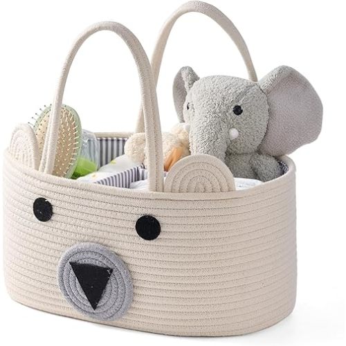 Baby Diaper Caddy Organizer, Baby Nursery Storage with Removable Dividers and Sturdy Handles, Cute Bear Basket, Cotton Rope Baby Basket, Portable Diaper Storage Basket