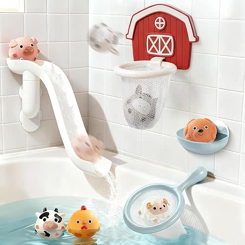 No-Hole Farm Bath Toys for Toddlers 1-3 | Slide, Basketball Hoop & 6 Animal Set | Easy to Clean & Dry Bathtub Play Gifts for Boys Girls