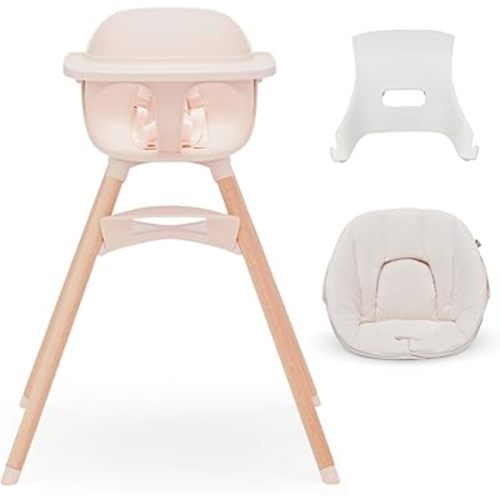 Lalo The High Chair Infant Kit - Convertible Wooden High Chair for Babies & Toddlers with Infant Support & Cushion, Grows with Your Child, Dishwasher Safe Tray, Adjustable Footrest Grapefruit