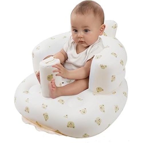 Inflatable Baby Seat for Babies 3 Months and Up, Toddler Floor Seats for Sitting Up, Built in Air Pump Baby Seats for Kids, Blow Up Baby Chair with Back Support - Cute Bear